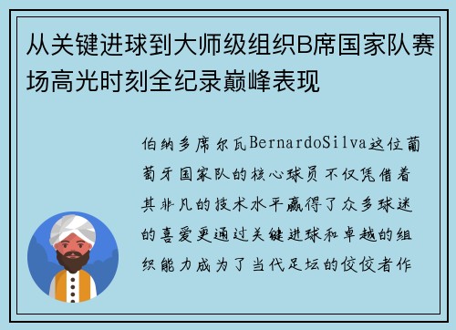 从关键进球到大师级组织B席国家队赛场高光时刻全纪录巅峰表现