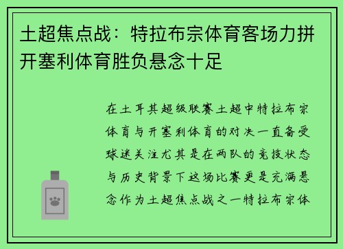 土超焦点战：特拉布宗体育客场力拼开塞利体育胜负悬念十足