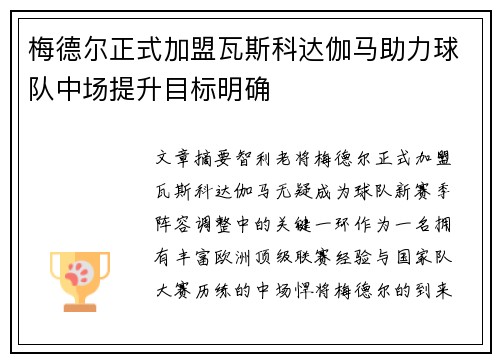 梅德尔正式加盟瓦斯科达伽马助力球队中场提升目标明确